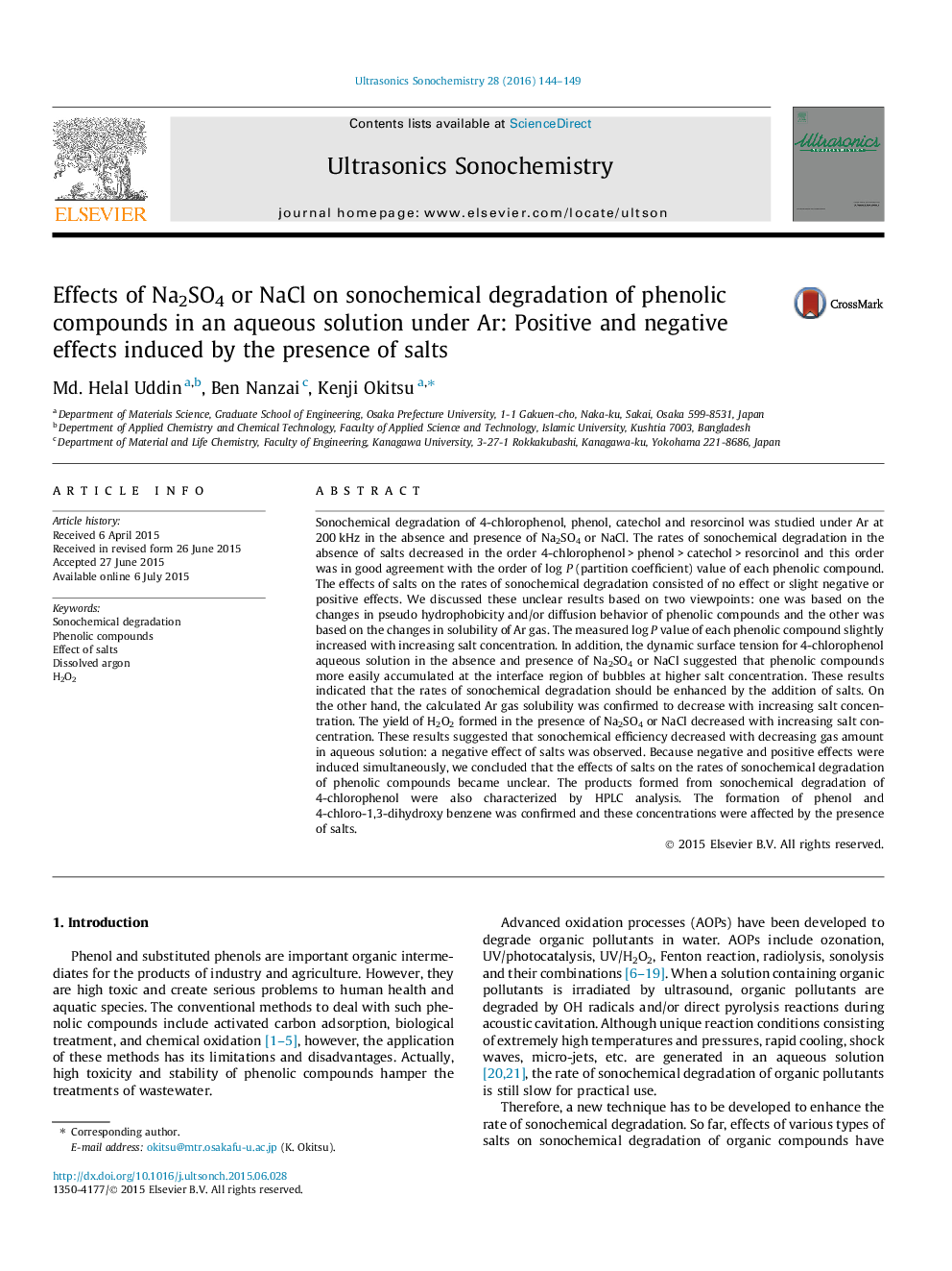 Effects of Na2SO4 or NaCl on sonochemical degradation of phenolic compounds in an aqueous solution under Ar: Positive and negative effects induced by the presence of salts