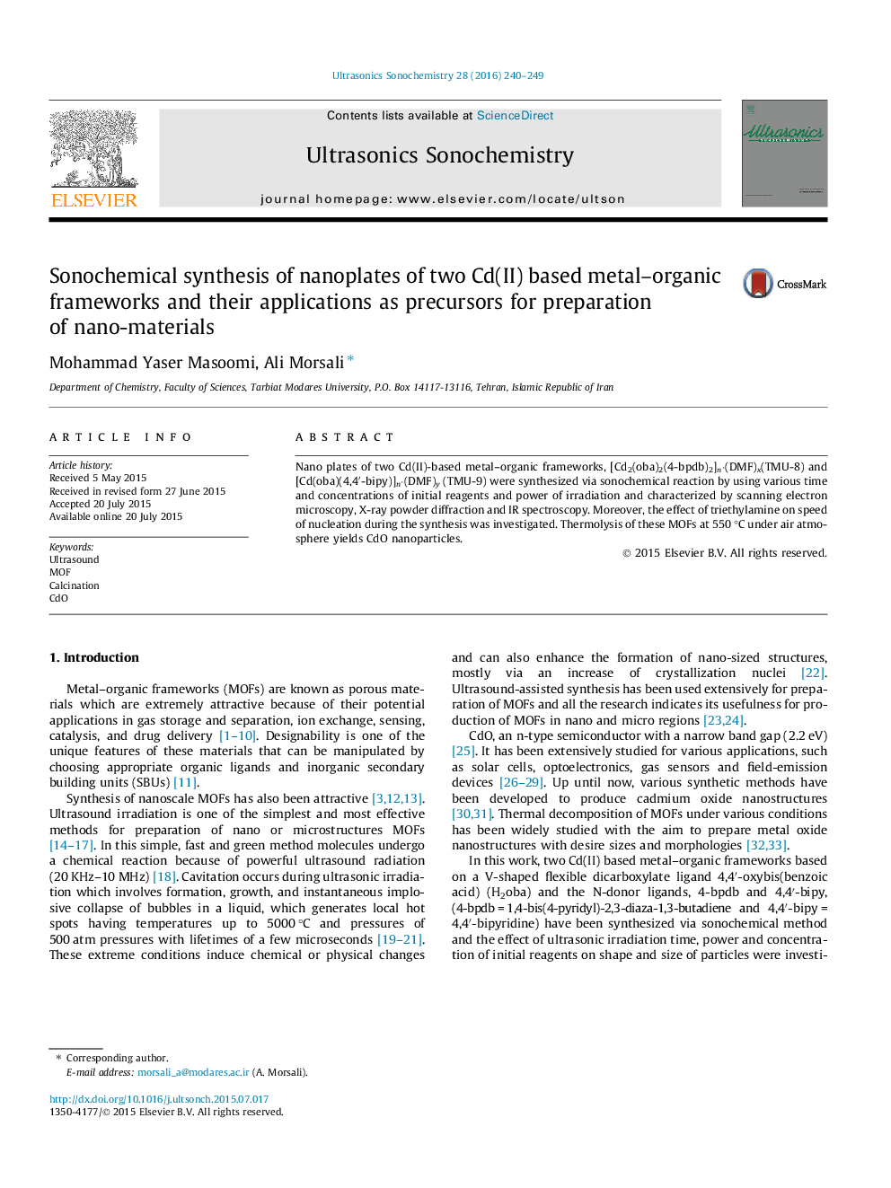 Sonochemical synthesis of nanoplates of two Cd(II) based metal–organic frameworks and their applications as precursors for preparation of nano-materials