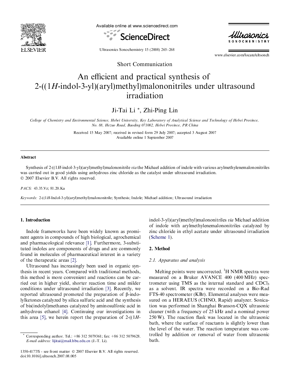 An efficient and practical synthesis of 2-((1H-indol-3-yl)(aryl)methyl)malononitriles under ultrasound irradiation