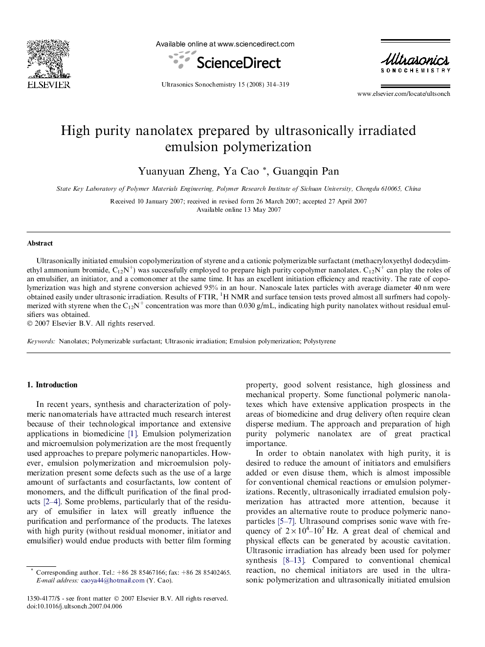 High purity nanolatex prepared by ultrasonically irradiated emulsion polymerization