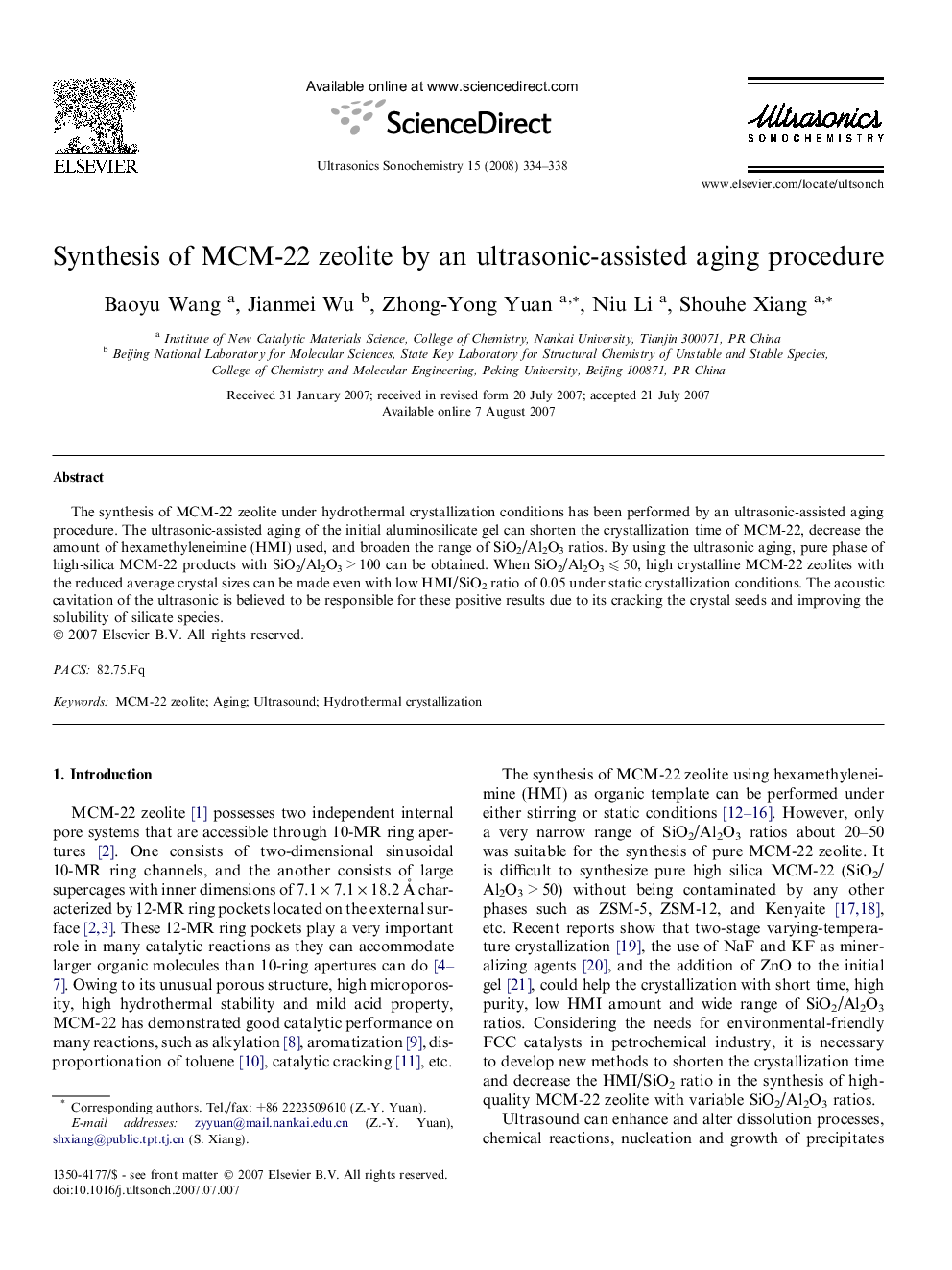 Synthesis of MCM-22 zeolite by an ultrasonic-assisted aging procedure