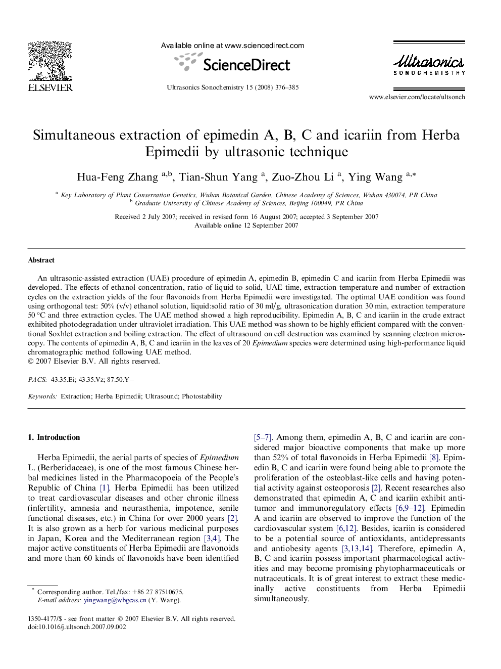 Simultaneous extraction of epimedin A, B, C and icariin from Herba Epimedii by ultrasonic technique