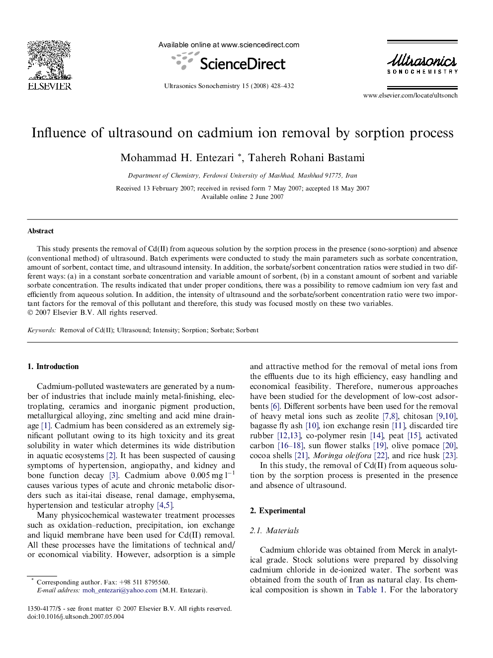 Influence of ultrasound on cadmium ion removal by sorption process