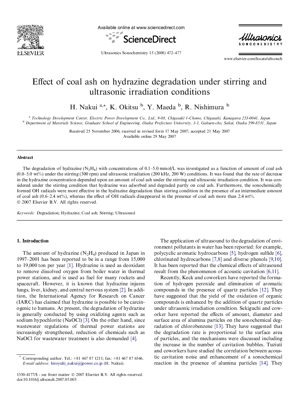 Effect of coal ash on hydrazine degradation under stirring and ultrasonic irradiation conditions