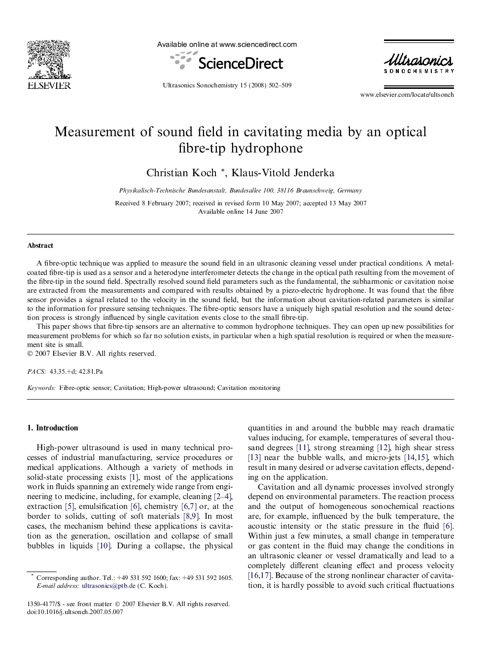 Measurement of sound field in cavitating media by an optical fibre-tip hydrophone