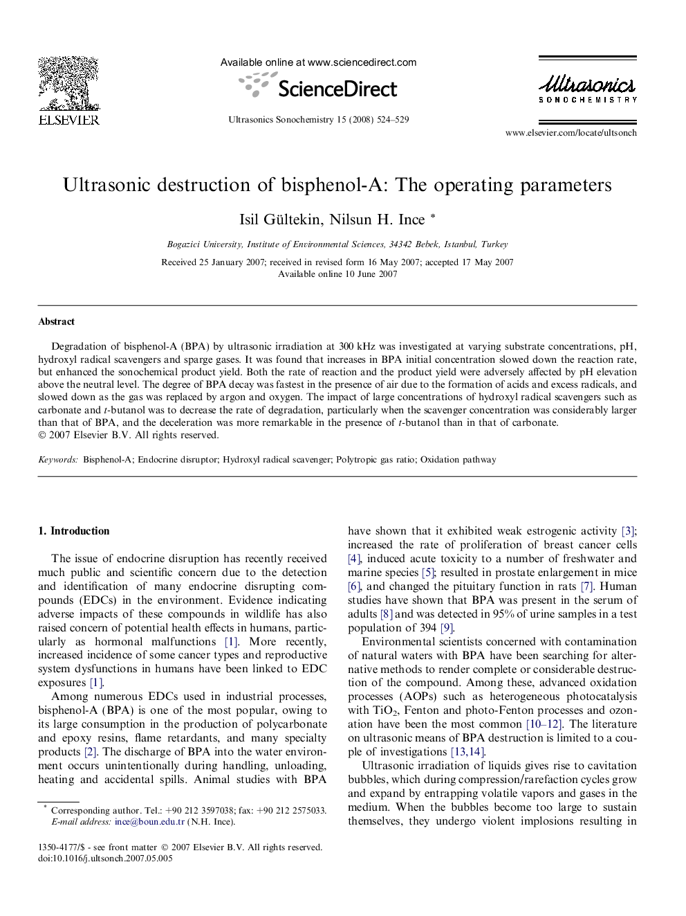 Ultrasonic destruction of bisphenol-A: The operating parameters