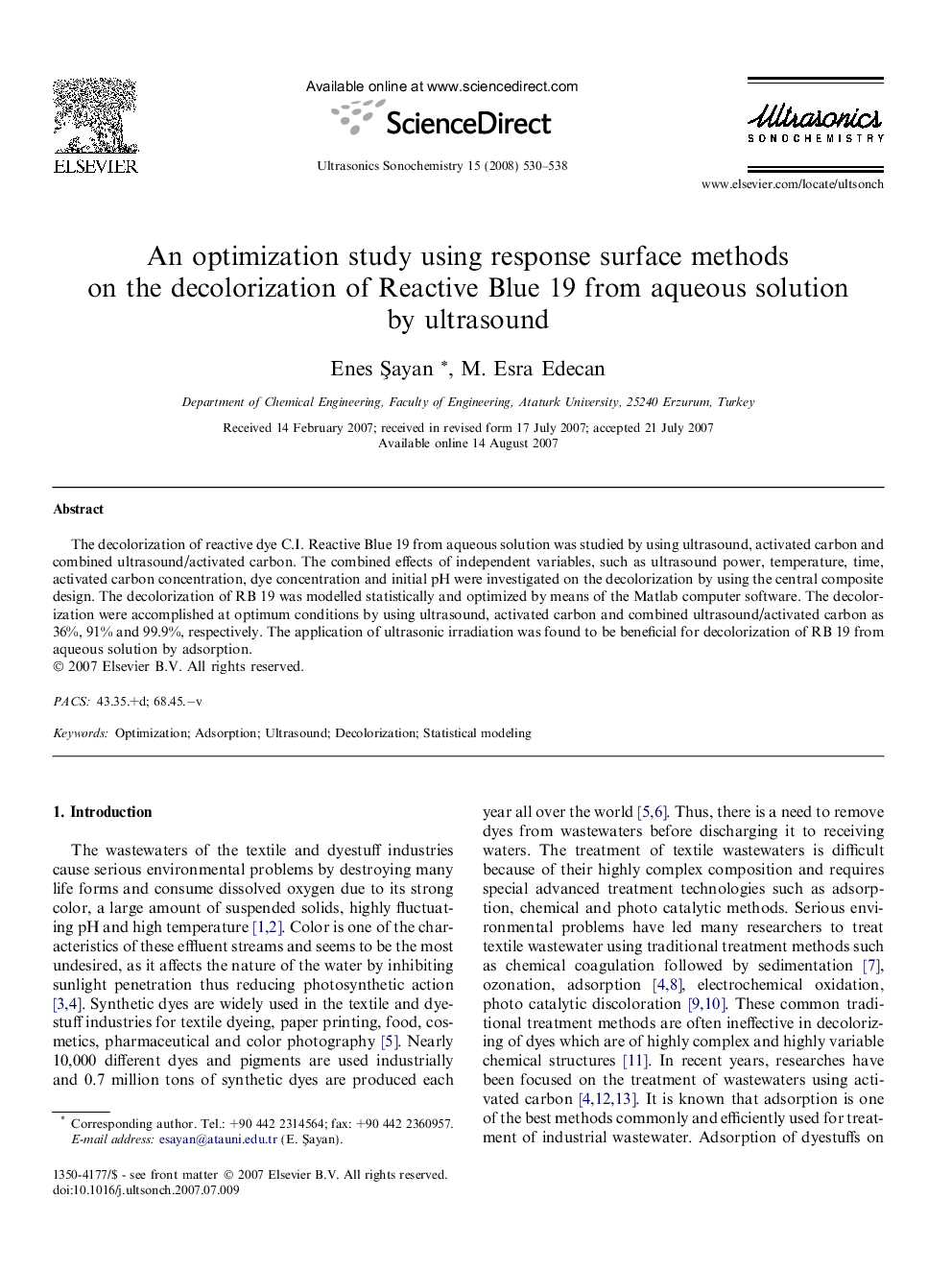 An optimization study using response surface methods on the decolorization of Reactive Blue 19 from aqueous solution by ultrasound