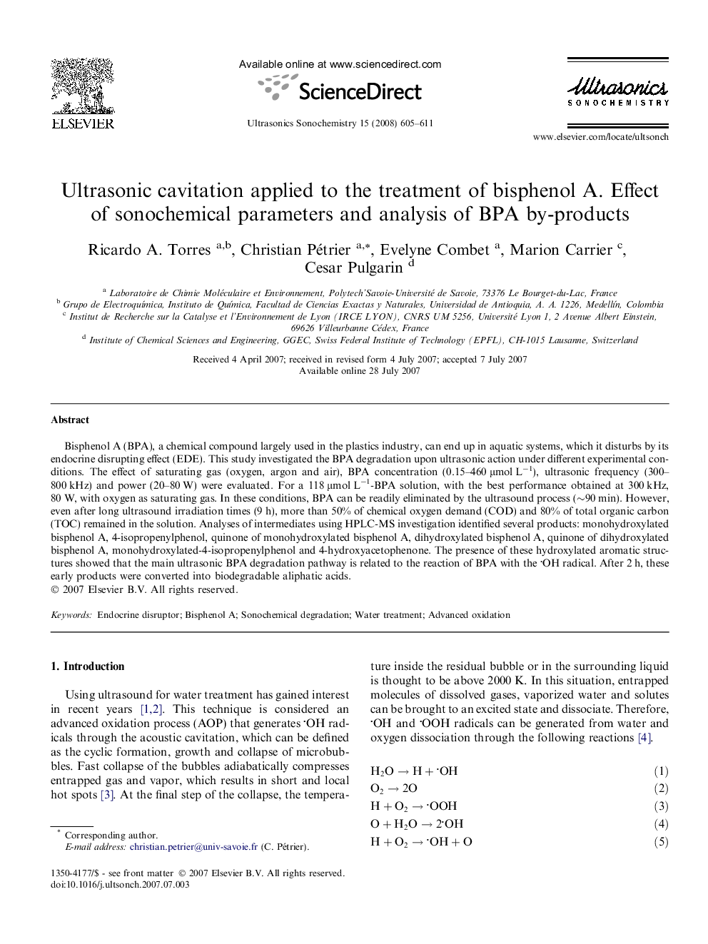 Ultrasonic cavitation applied to the treatment of bisphenol A. Effect of sonochemical parameters and analysis of BPA by-products