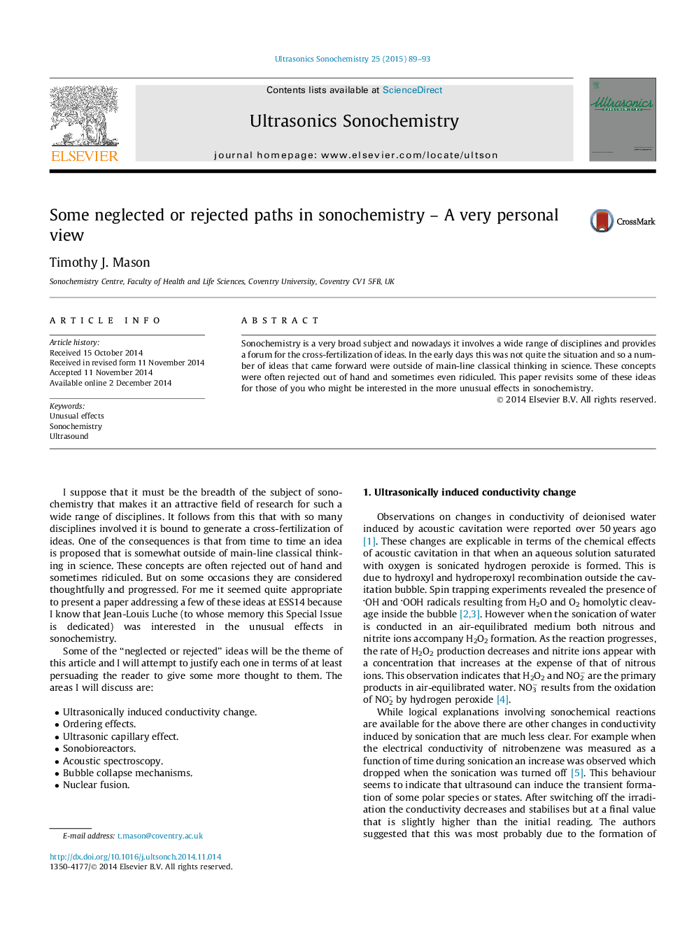 Some neglected or rejected paths in sonochemistry – A very personal view