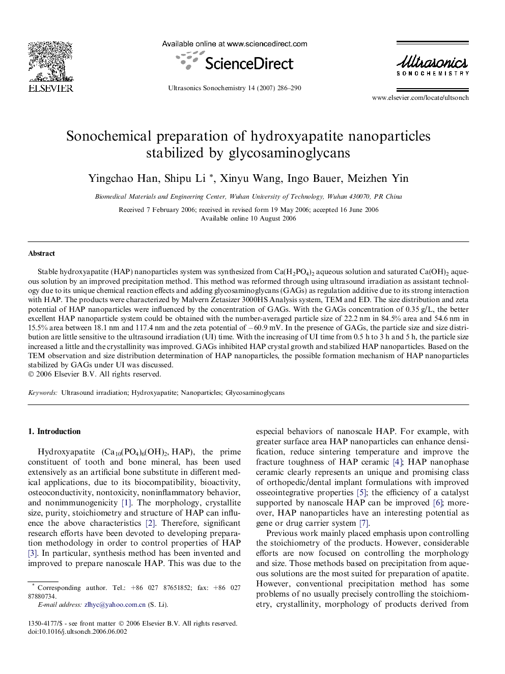 Sonochemical preparation of hydroxyapatite nanoparticles stabilized by glycosaminoglycans