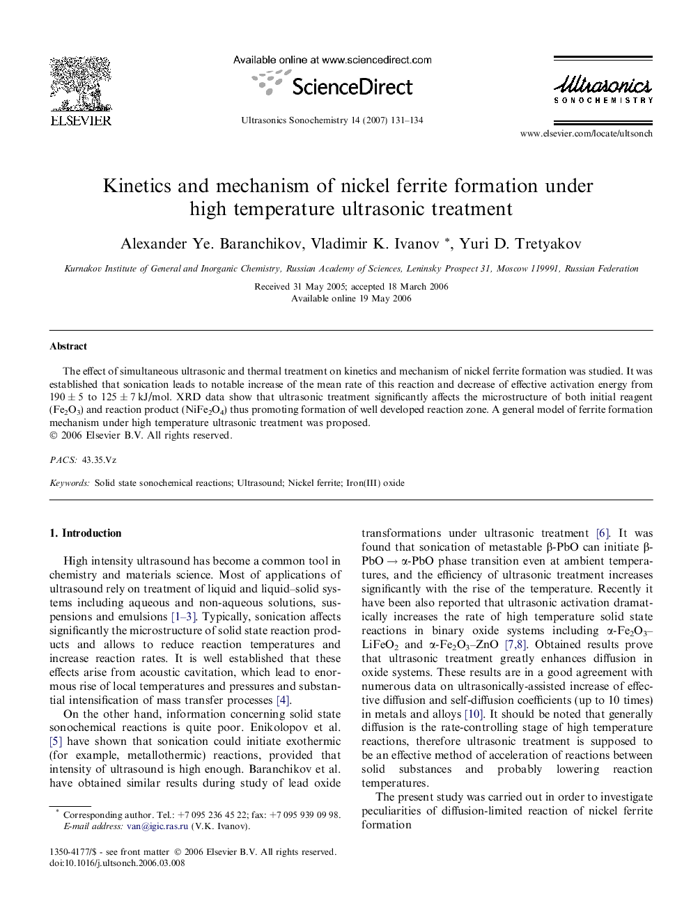 Kinetics and mechanism of nickel ferrite formation under high temperature ultrasonic treatment