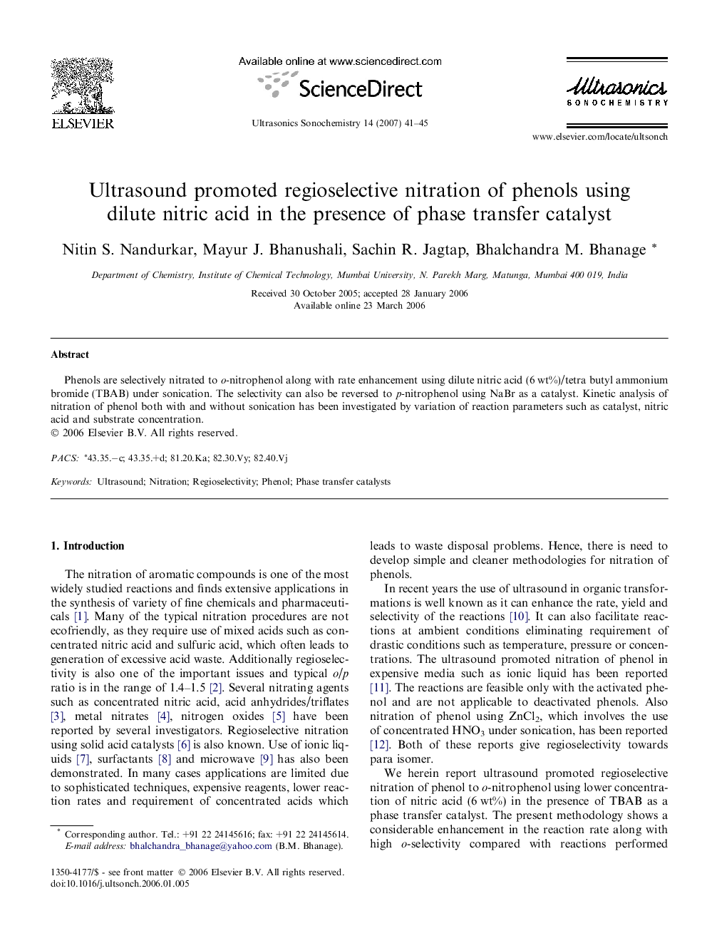 Ultrasound promoted regioselective nitration of phenols using dilute nitric acid in the presence of phase transfer catalyst