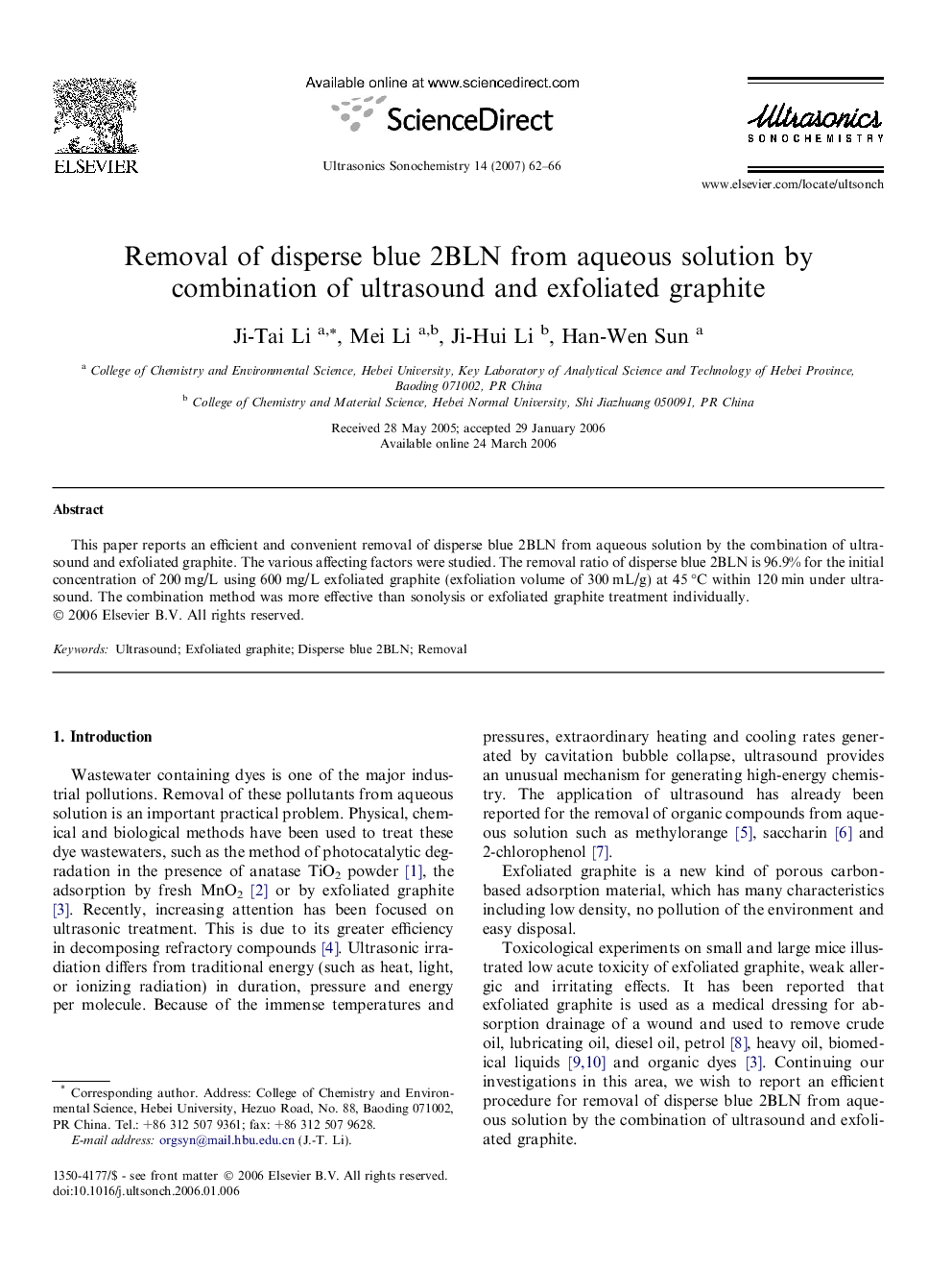 Removal of disperse blue 2BLN from aqueous solution by combination of ultrasound and exfoliated graphite