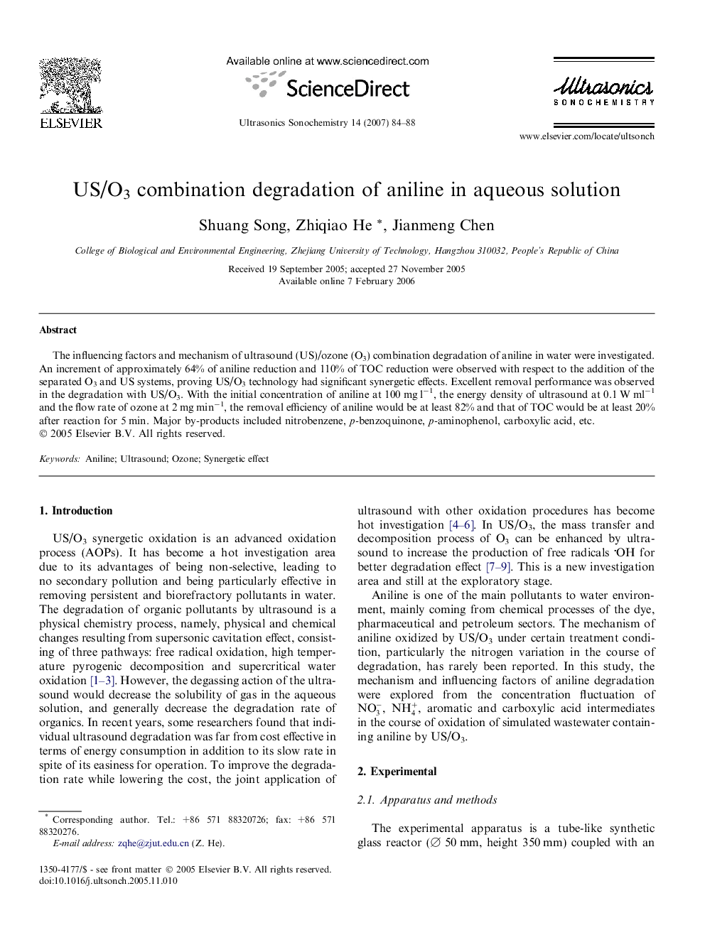 US/O3 combination degradation of aniline in aqueous solution