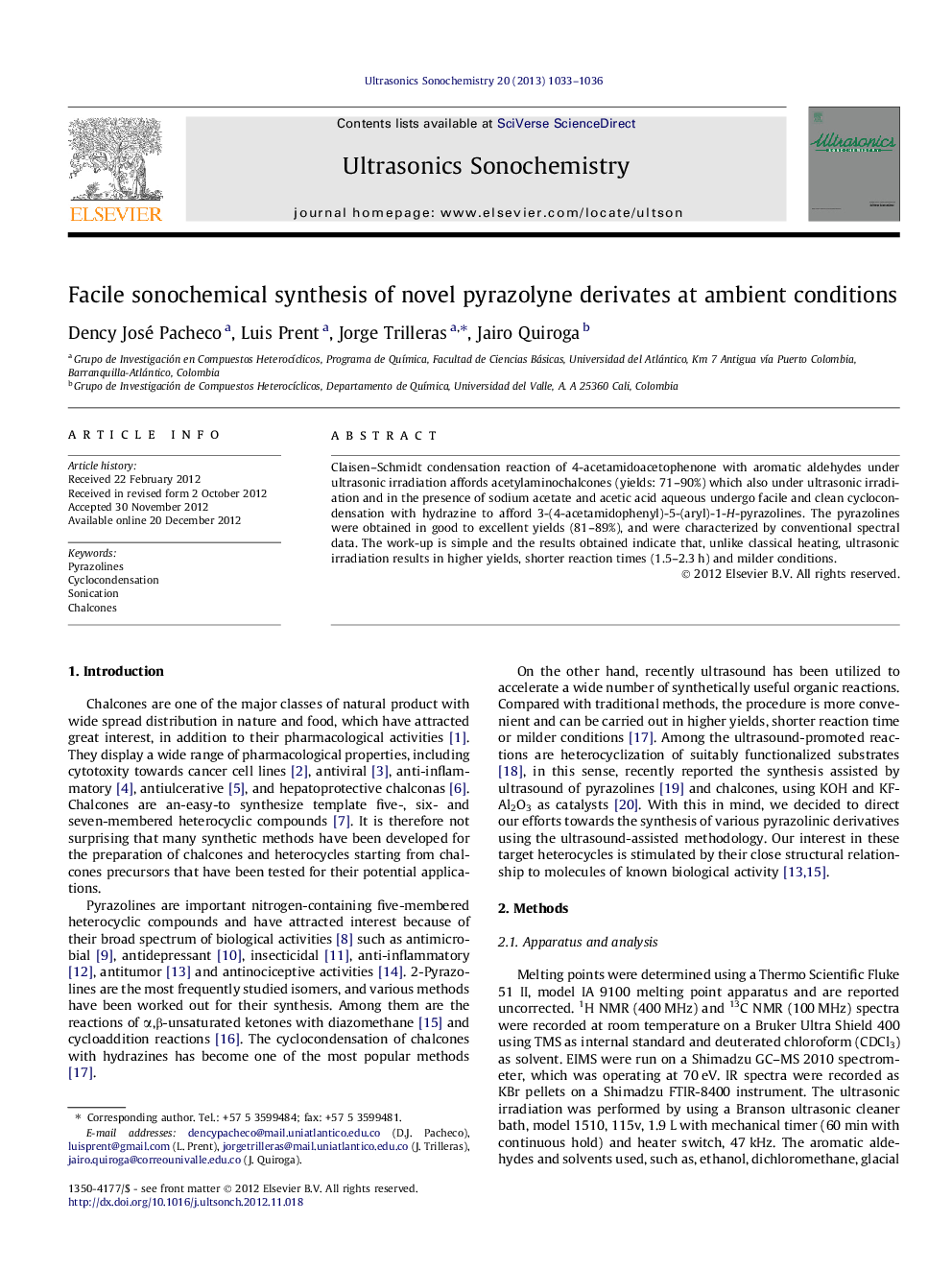 Facile sonochemical synthesis of novel pyrazolyne derivates at ambient conditions