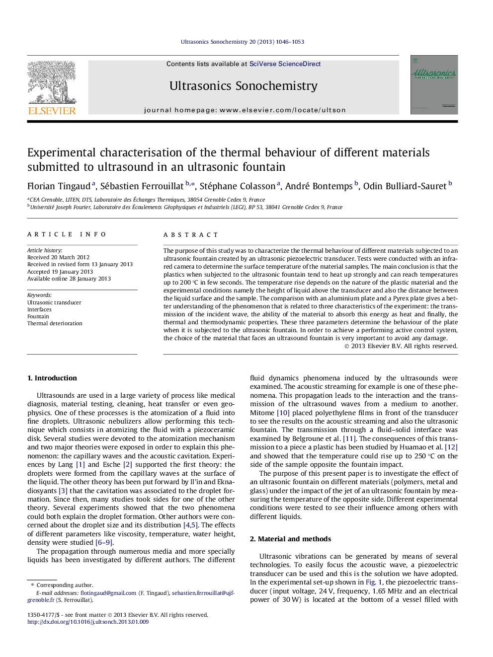 Experimental characterisation of the thermal behaviour of different materials submitted to ultrasound in an ultrasonic fountain