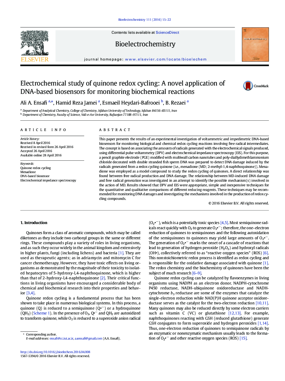 Electrochemical study of quinone redox cycling: A novel application of DNA-based biosensors for monitoring biochemical reactions