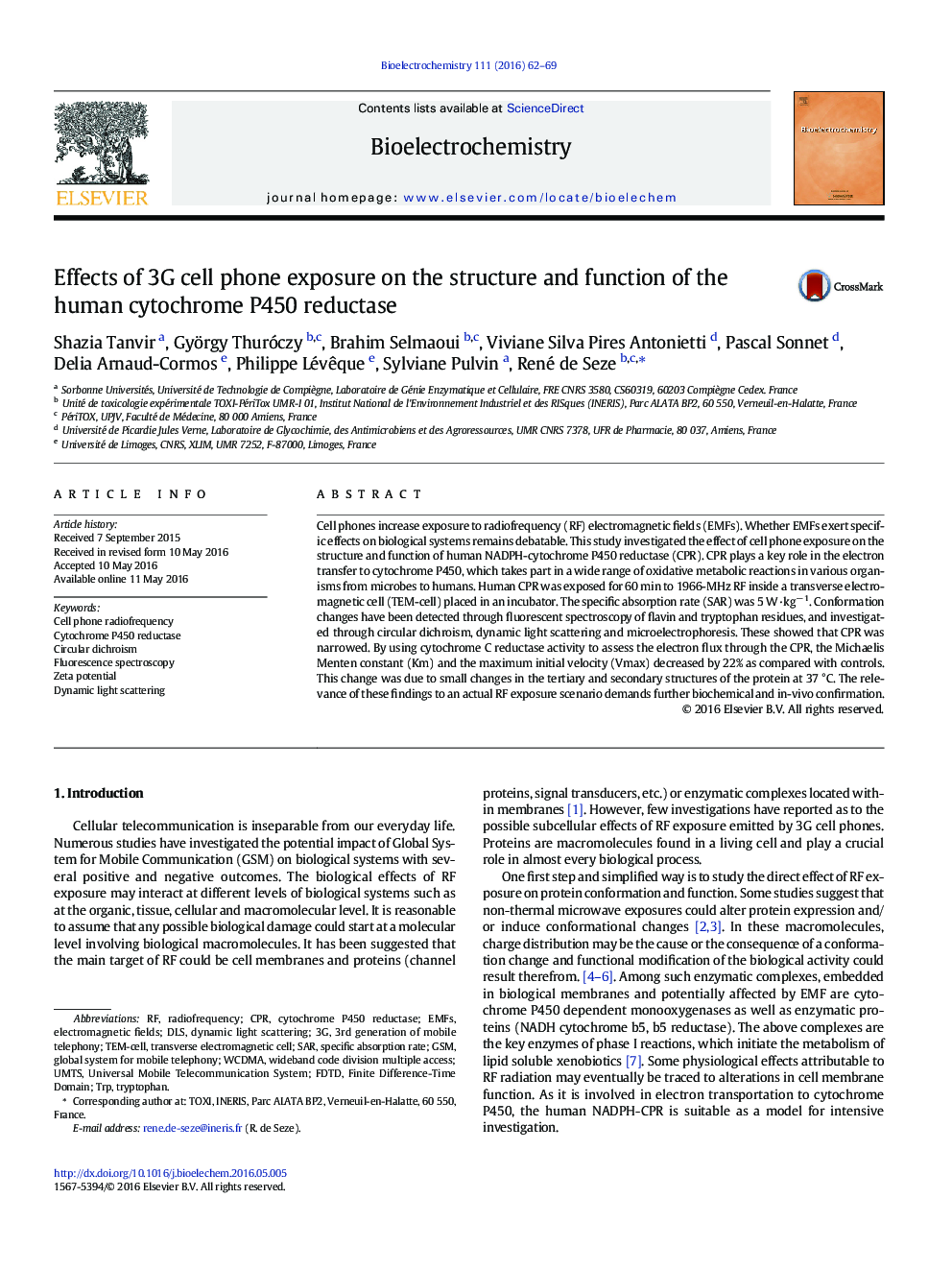 Effects of 3G cell phone exposure on the structure and function of the human cytochrome P450 reductase