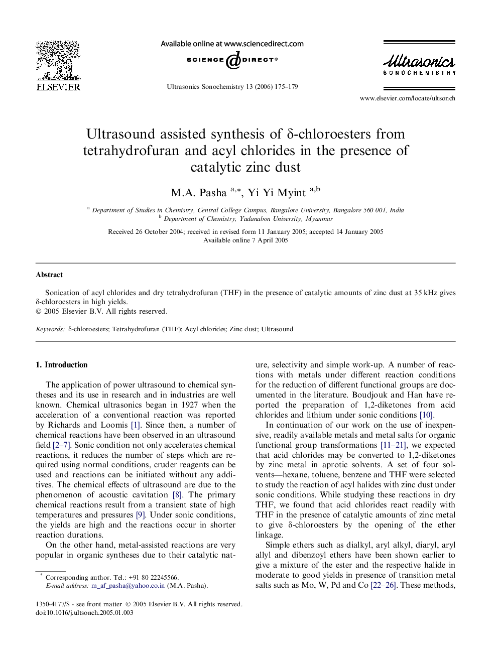 Ultrasound assisted synthesis of δ-chloroesters from tetrahydrofuran and acyl chlorides in the presence of catalytic zinc dust