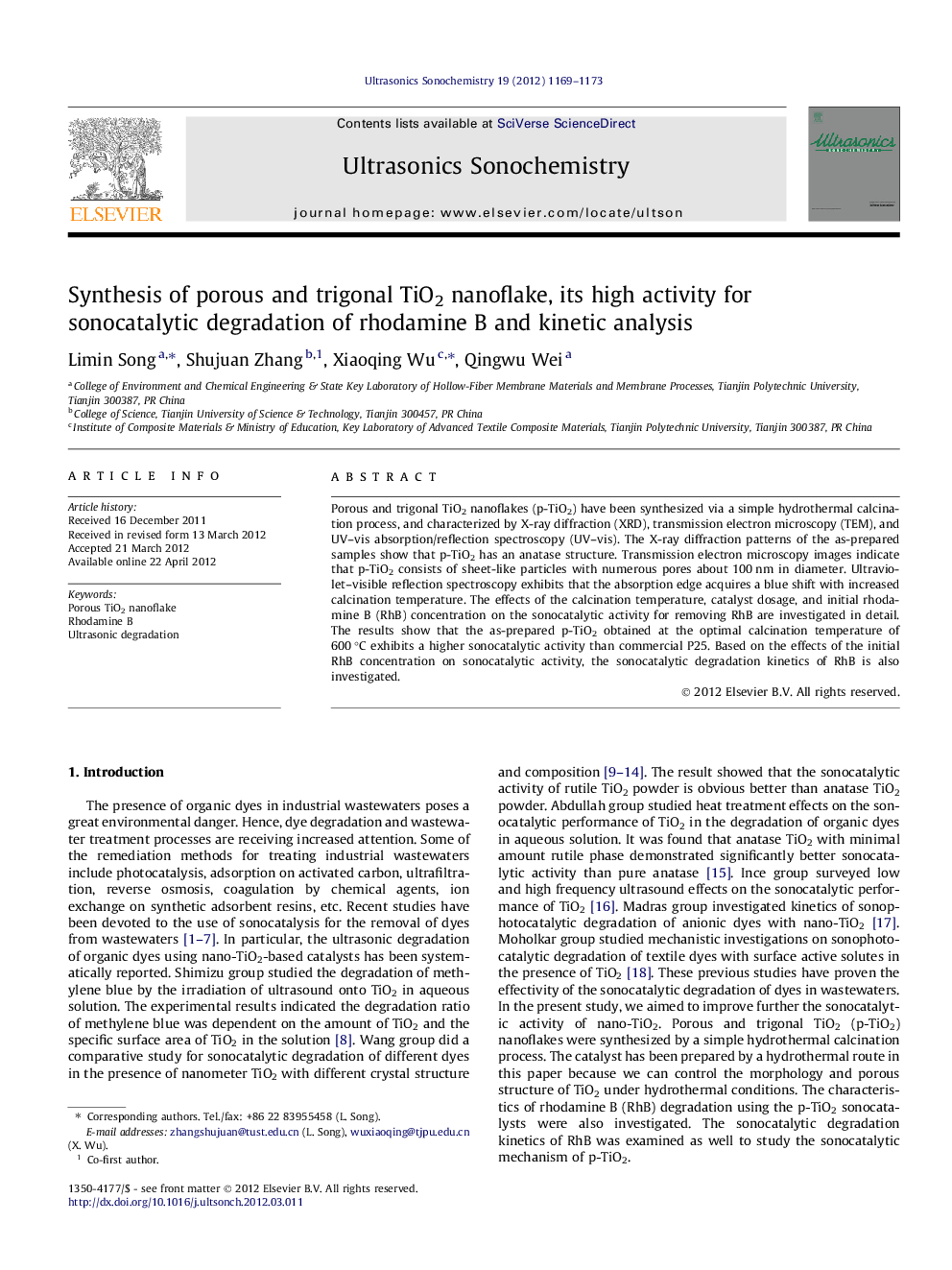 Synthesis of porous and trigonal TiO2 nanoflake, its high activity for sonocatalytic degradation of rhodamine B and kinetic analysis