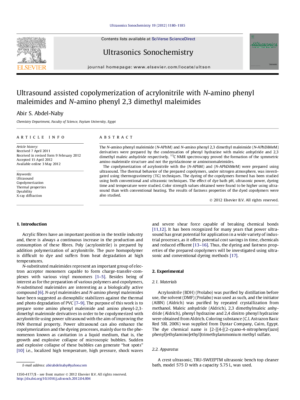 Ultrasound assisted copolymerization of acrylonitrile with N-amino phenyl maleimides and N-amino phenyl 2,3 dimethyl maleimides