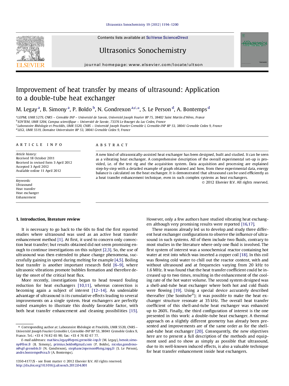 Improvement of heat transfer by means of ultrasound: Application to a double-tube heat exchanger