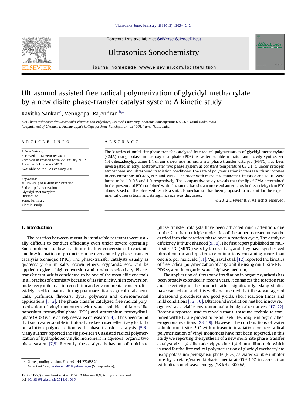 Ultrasound assisted free radical polymerization of glycidyl methacrylate by a new disite phase-transfer catalyst system: A kinetic study