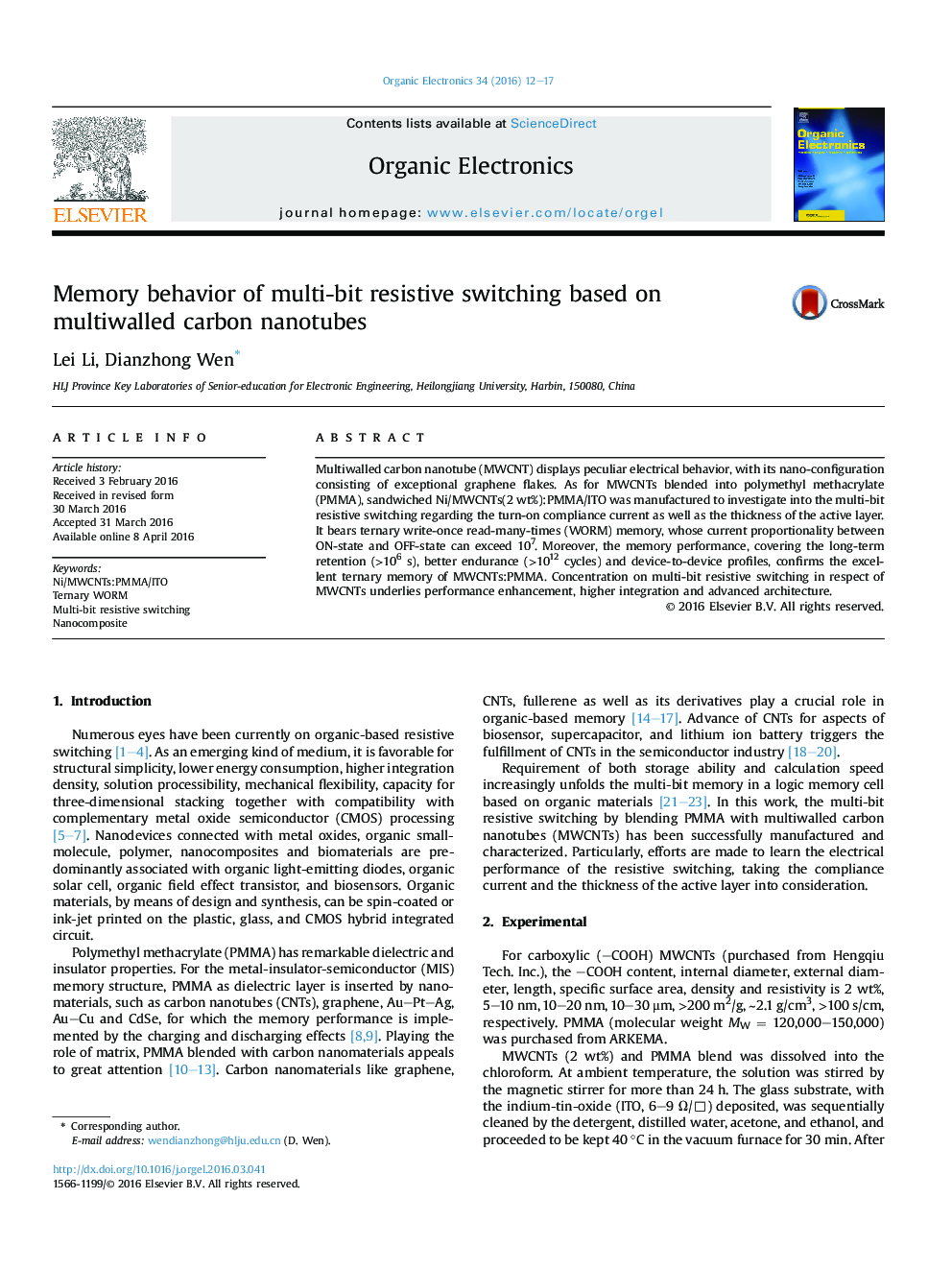 Memory behavior of multi-bit resistive switching based on multiwalled carbon nanotubes