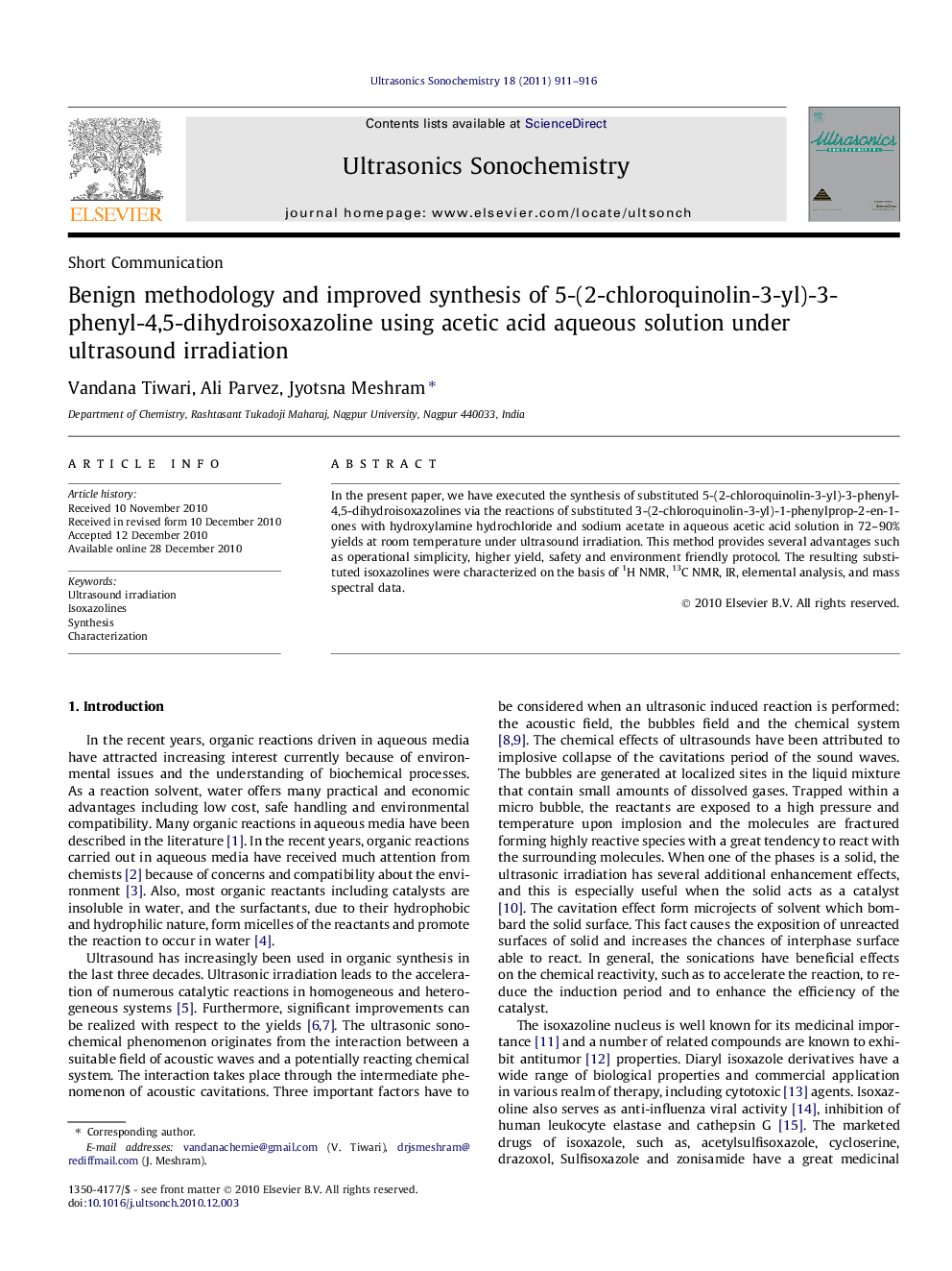 Benign methodology and improved synthesis of 5-(2-chloroquinolin-3-yl)-3-phenyl-4,5-dihydroisoxazoline using acetic acid aqueous solution under ultrasound irradiation