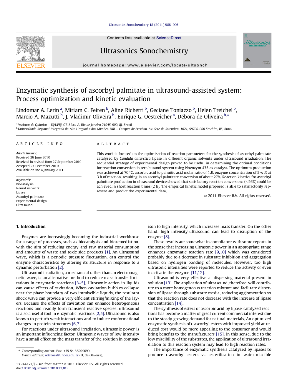 Enzymatic synthesis of ascorbyl palmitate in ultrasound-assisted system: Process optimization and kinetic evaluation