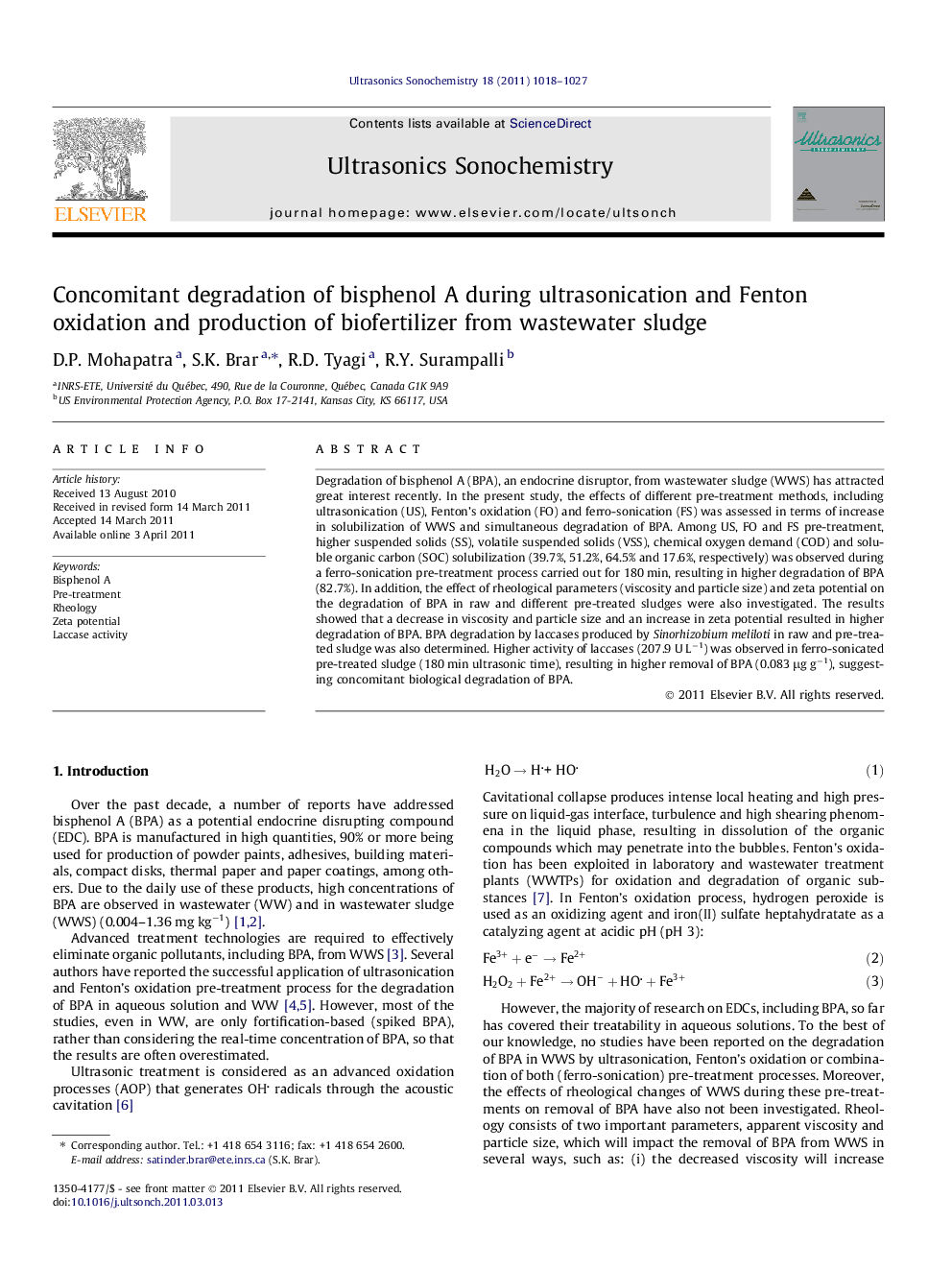 Concomitant degradation of bisphenol A during ultrasonication and Fenton oxidation and production of biofertilizer from wastewater sludge