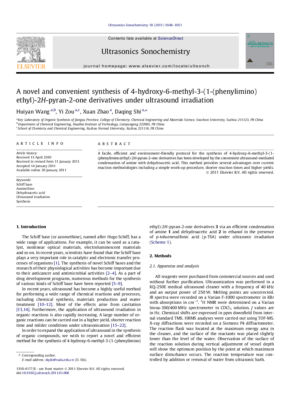 A novel and convenient synthesis of 4-hydroxy-6-methyl-3-(1-(phenylimino) ethyl)-2H-pyran-2-one derivatives under ultrasound irradiation