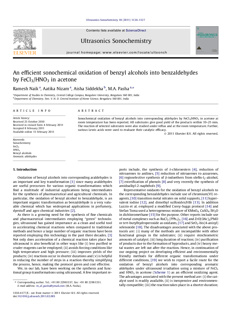 An efficient sonochemical oxidation of benzyl alcohols into benzaldehydes by FeCl3/HNO3 in acetone