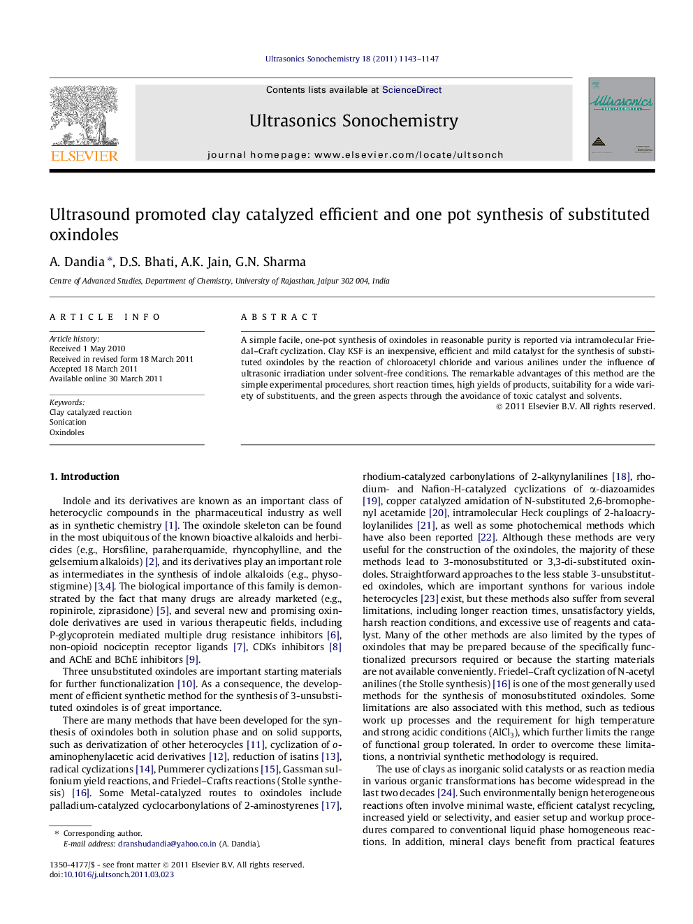 Ultrasound promoted clay catalyzed efficient and one pot synthesis of substituted oxindoles