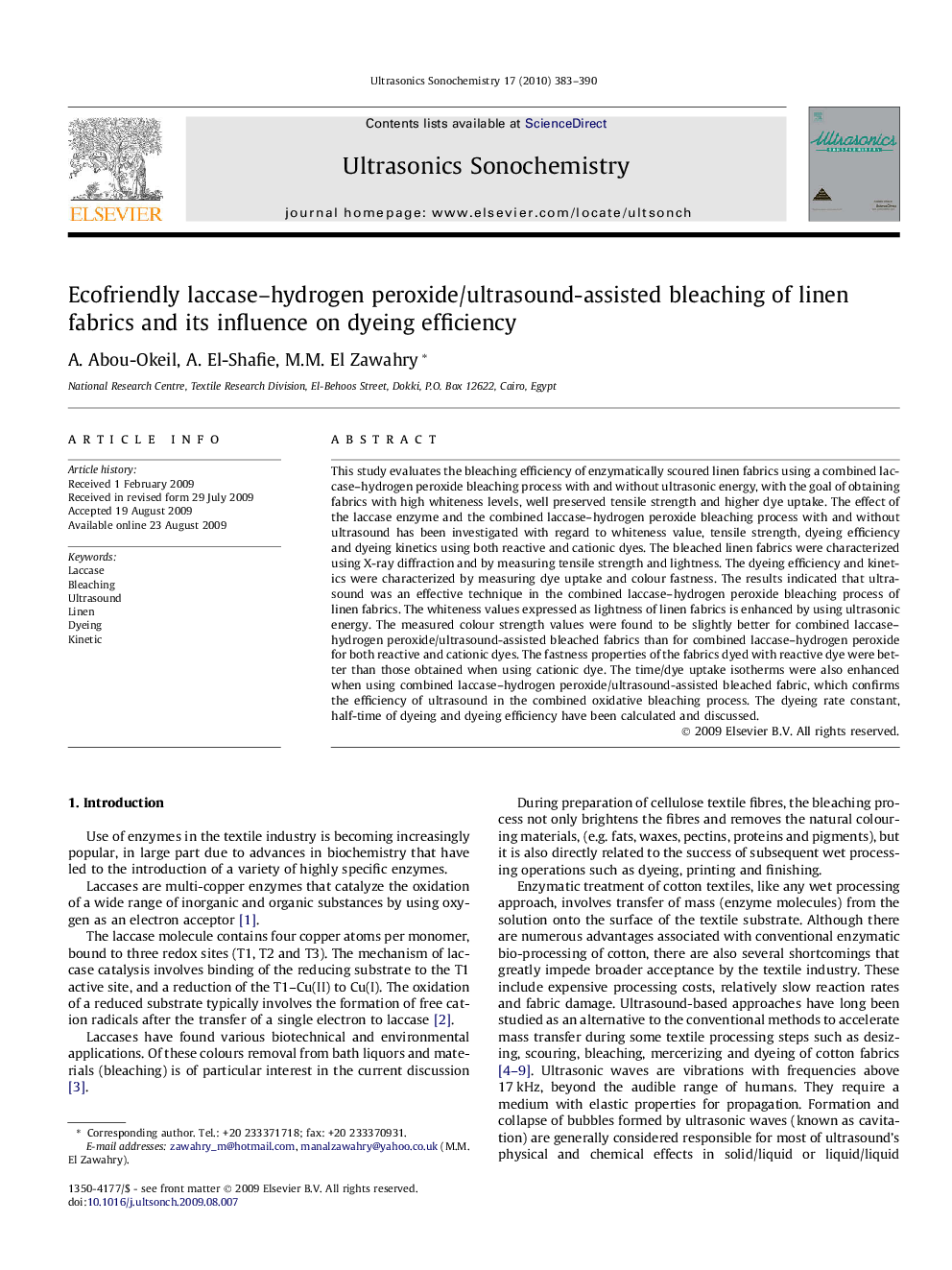 Ecofriendly laccase–hydrogen peroxide/ultrasound-assisted bleaching of linen fabrics and its influence on dyeing efficiency