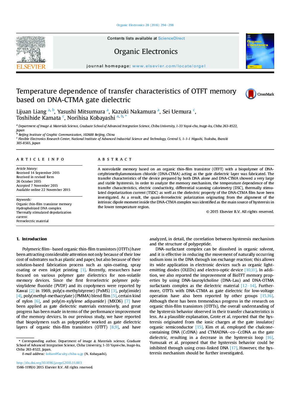 Temperature dependence of transfer characteristics of OTFT memory based on DNA-CTMA gate dielectric