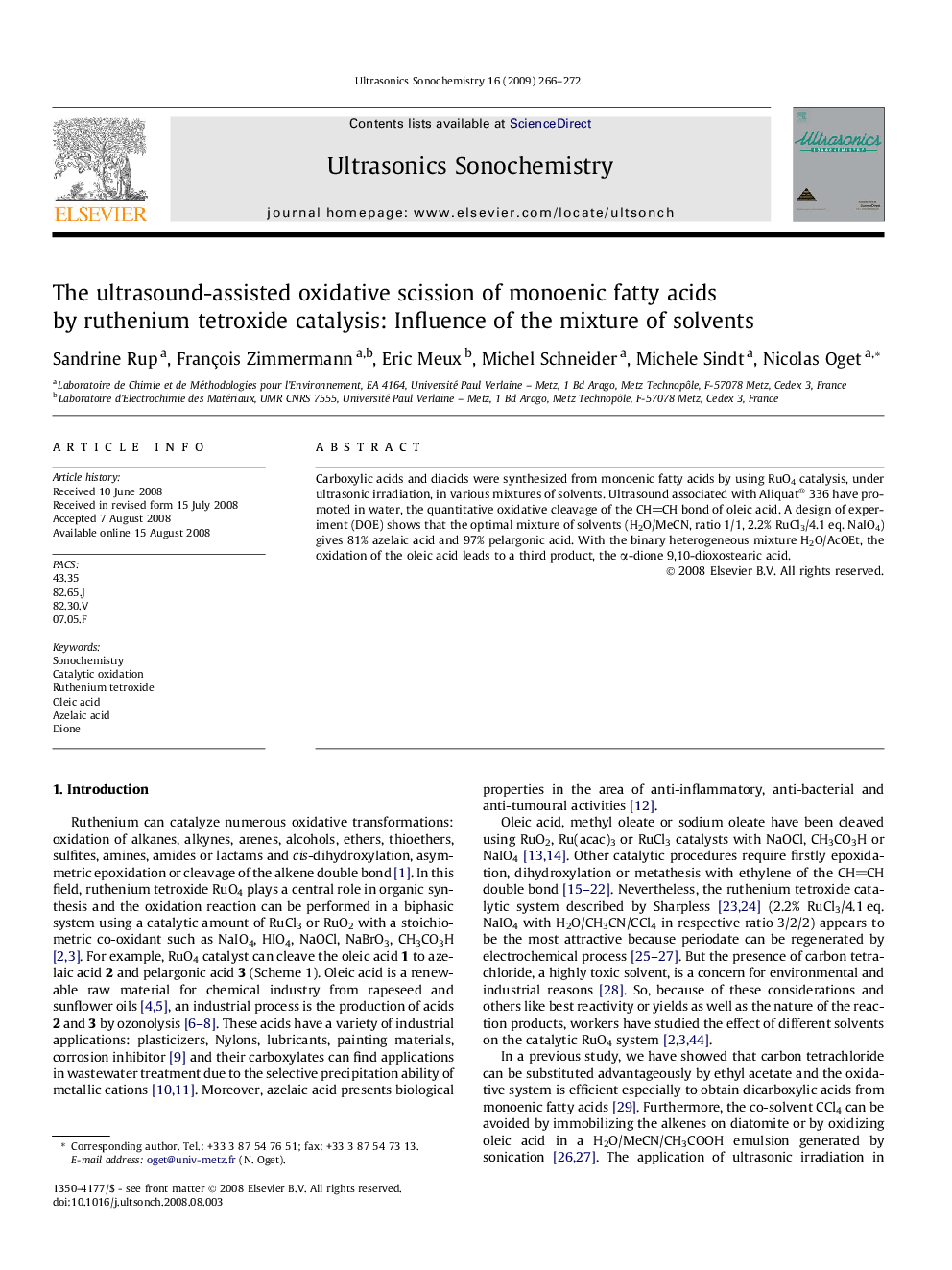 The ultrasound-assisted oxidative scission of monoenic fatty acids by ruthenium tetroxide catalysis: Influence of the mixture of solvents