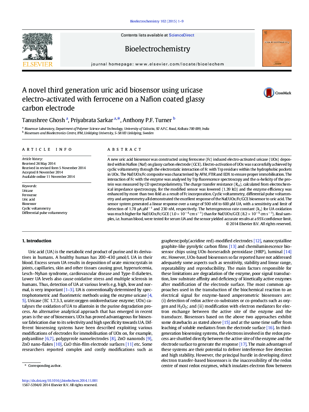 A novel third generation uric acid biosensor using uricase electro-activated with ferrocene on a Nafion coated glassy carbon electrode