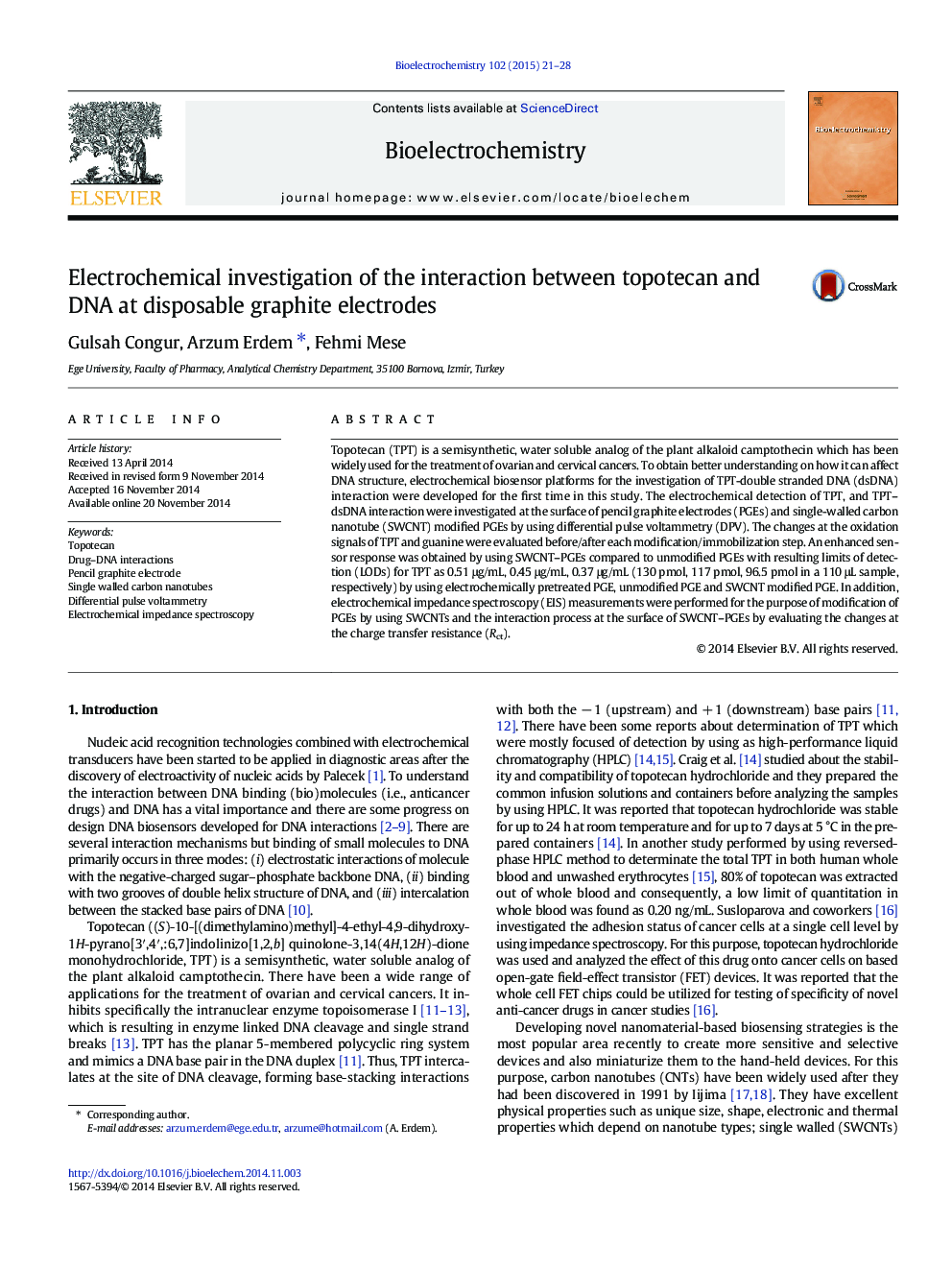 عکس صفحه اول مقاله: Electrochemical investigation of the interaction between topotecan and DNA at disposable graphite electrodes Electrochemical investigation of the interaction between topotecan and DNA at disposable graphite electrodes