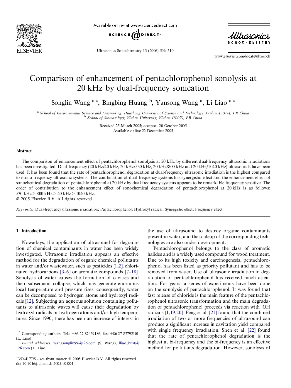 Comparison of enhancement of pentachlorophenol sonolysis at 20 kHz by dual-frequency sonication