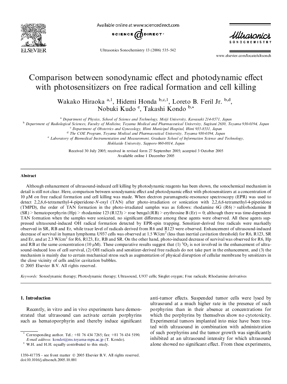 Comparison between sonodynamic effect and photodynamic effect with photosensitizers on free radical formation and cell killing