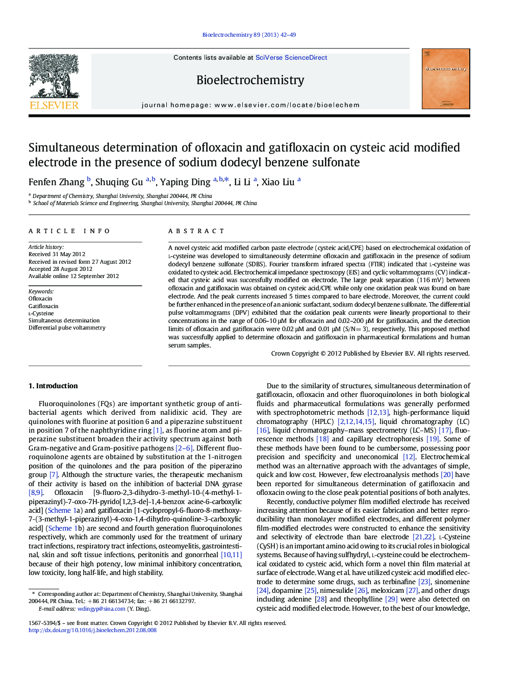 Simultaneous determination of ofloxacin and gatifloxacin on cysteic acid modified electrode in the presence of sodium dodecyl benzene sulfonate