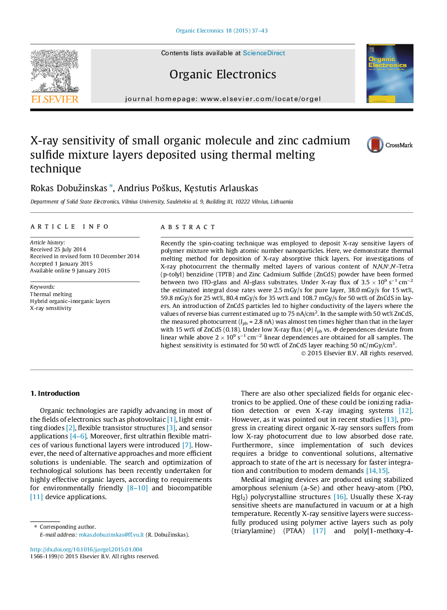 X-ray sensitivity of small organic molecule and zinc cadmium sulfide mixture layers deposited using thermal melting technique