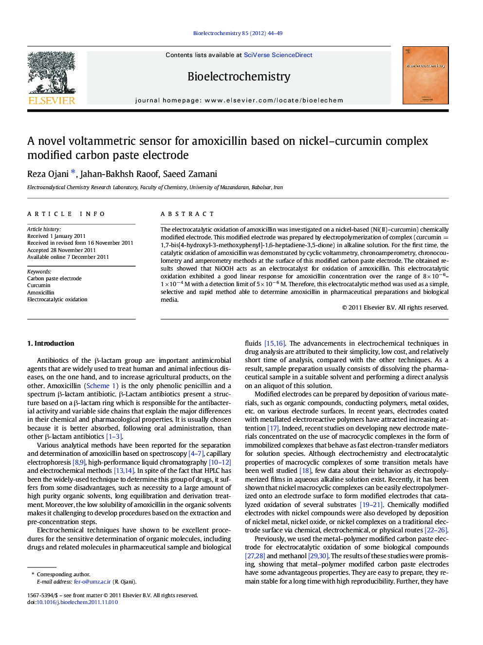 A novel voltammetric sensor for amoxicillin based on nickel–curcumin complex modified carbon paste electrode