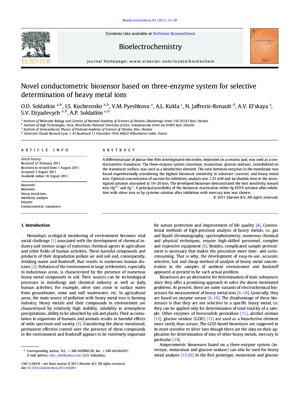 Novel conductometric biosensor based on three-enzyme system for selective determination of heavy metal ions