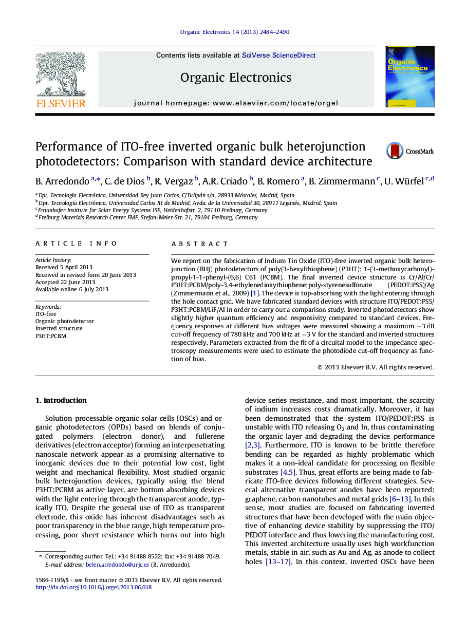 Performance of ITO-free inverted organic bulk heterojunction photodetectors: Comparison with standard device architecture