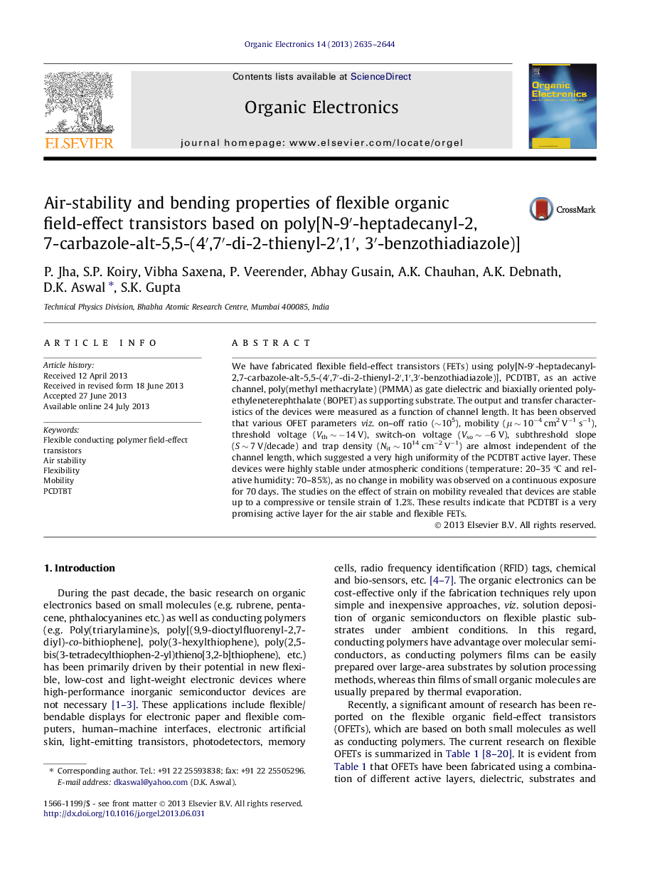 Air-stability and bending properties of flexible organic field-effect transistors based on poly[N-9′-heptadecanyl-2,7-carbazole-alt-5,5-(4′,7′-di-2-thienyl-2′,1′,3′-benzothiadiazole)]