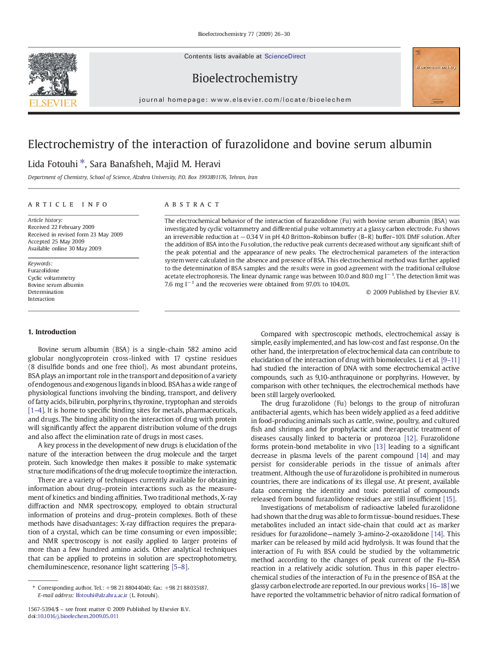 Electrochemistry of the interaction of furazolidone and bovine serum albumin