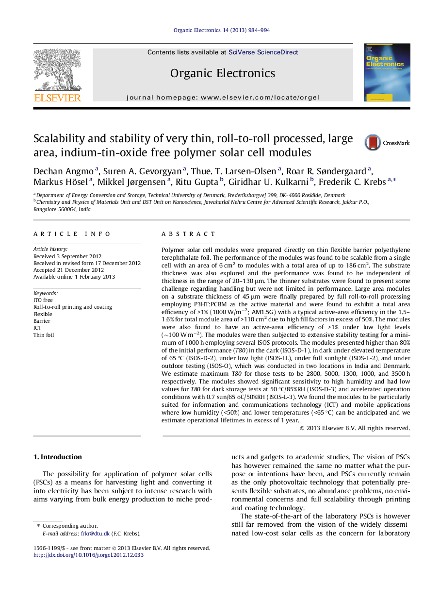 Scalability and stability of very thin, roll-to-roll processed, large area, indium-tin-oxide free polymer solar cell modules