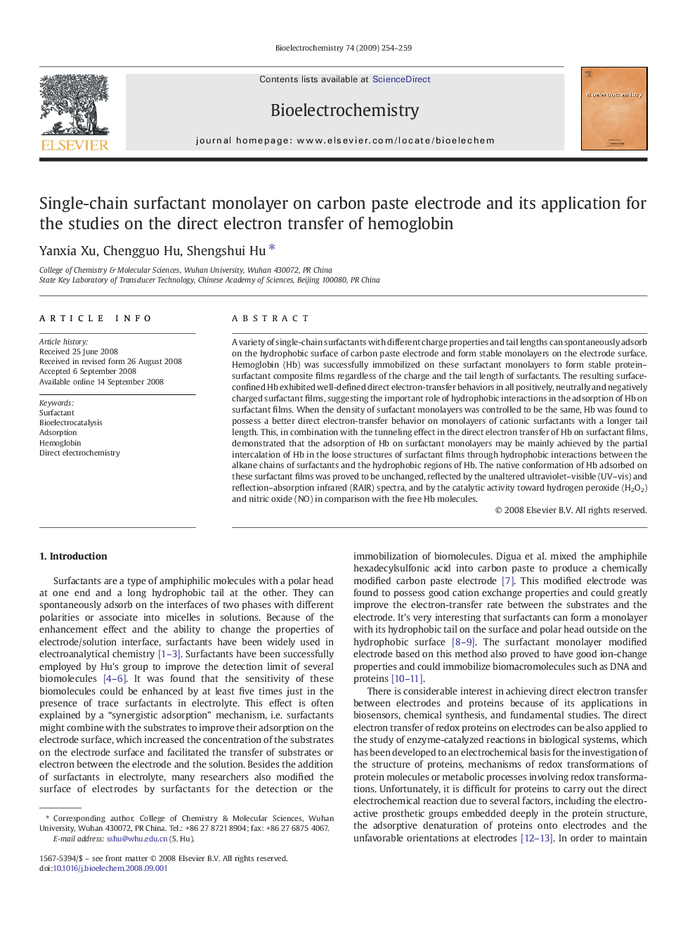 Single-chain surfactant monolayer on carbon paste electrode and its application for the studies on the direct electron transfer of hemoglobin